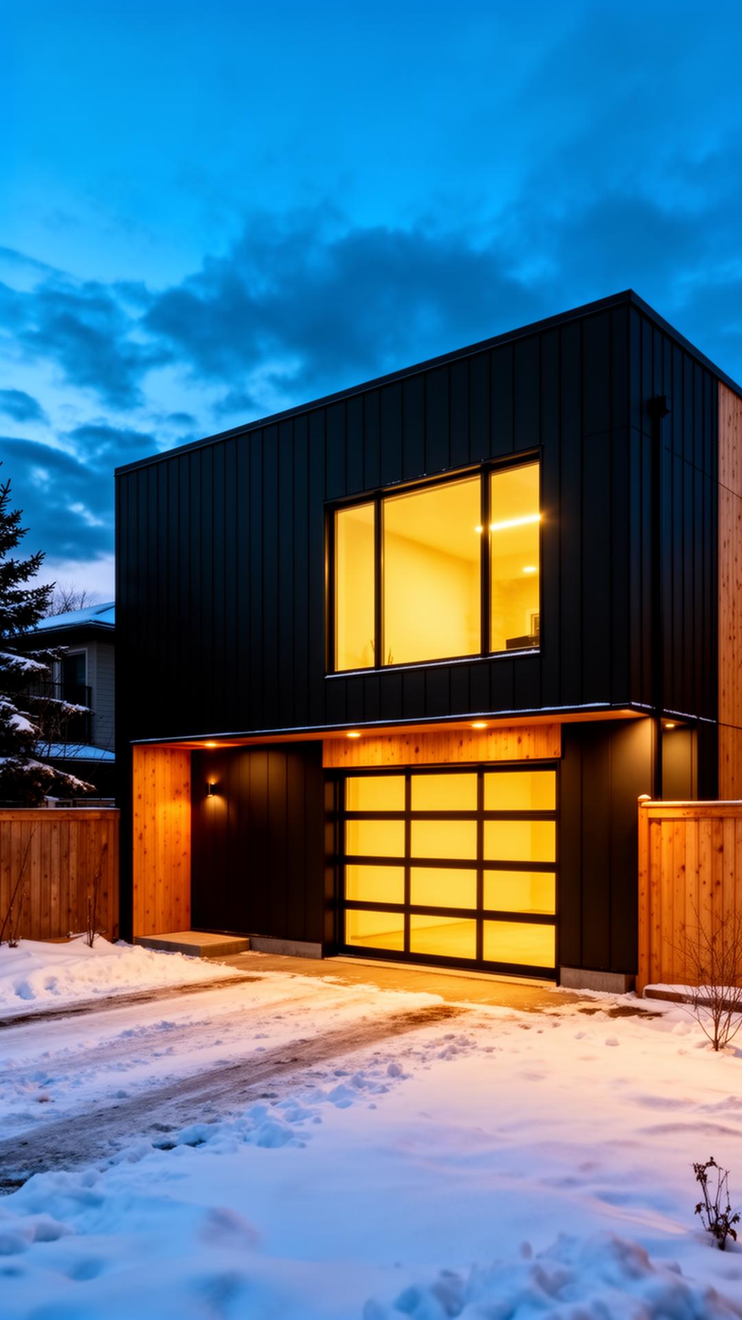 Modern two-storey garage suite with black siding and cedar accents in a snowy Edmonton backyard at dusk